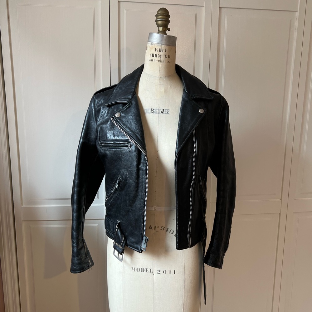 Vintage black biker motorcycle genuine leather jacket XS 0/2